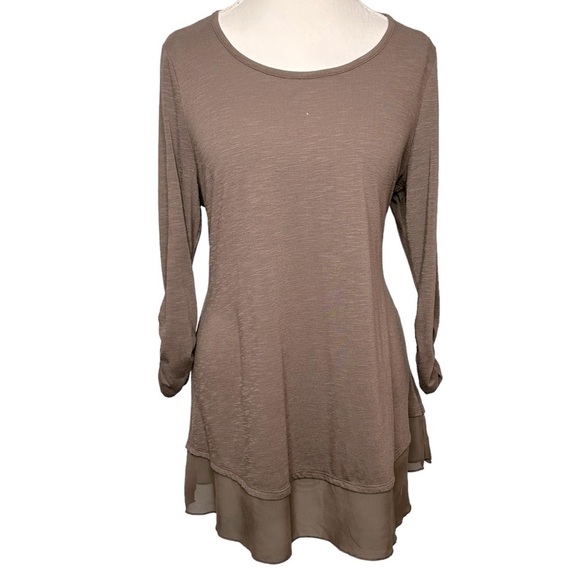 MACY'S STYLE & CO. Tunic Blouse Brown Ruched 3/4 sleeve Pull over Like new Large - Picture 1 of 6